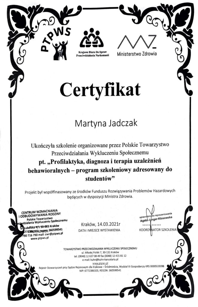 certyfikat psycholog mgr Martyna Jadczak Turyk