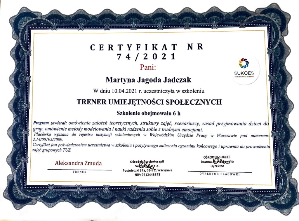 certyfikat psycholog mgr Martyna Jadczak Turyk